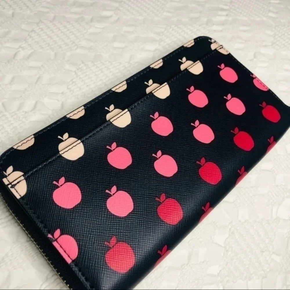 Kate Spade New York Apple Print Zip Around Wallet Black Leather Spade Lining NWT